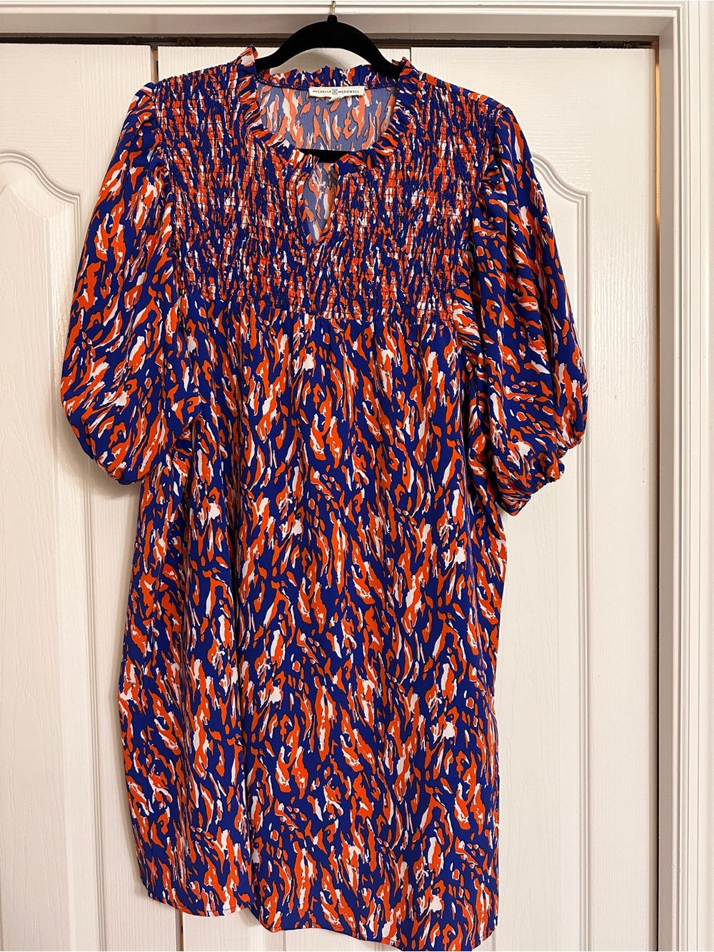 Boutique Smocked Yoke Dress in Orange and Blue and Print